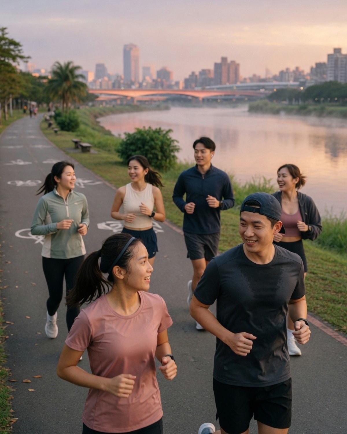 清晨河濱團跑，一群跑友沿河岸一起跑
