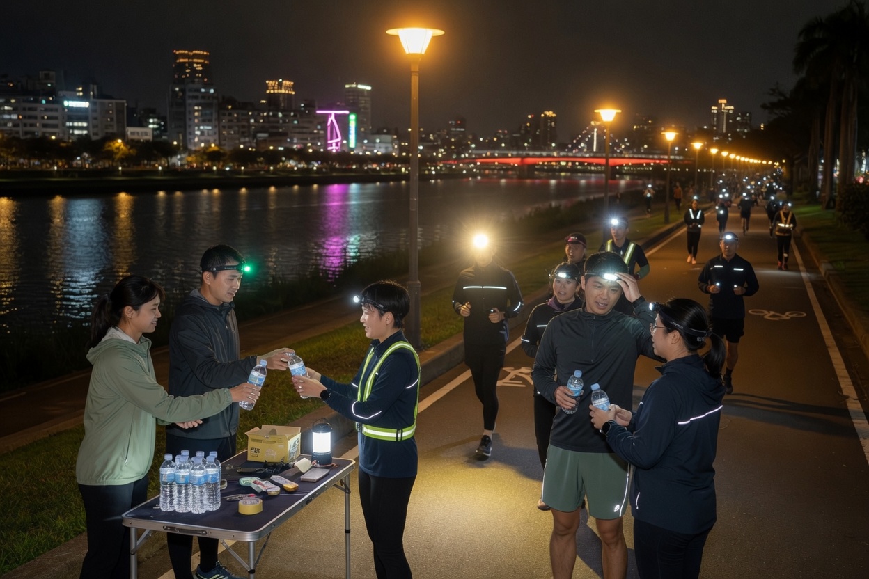 夜跑時沿路照明，並在集合點發水和安全燈